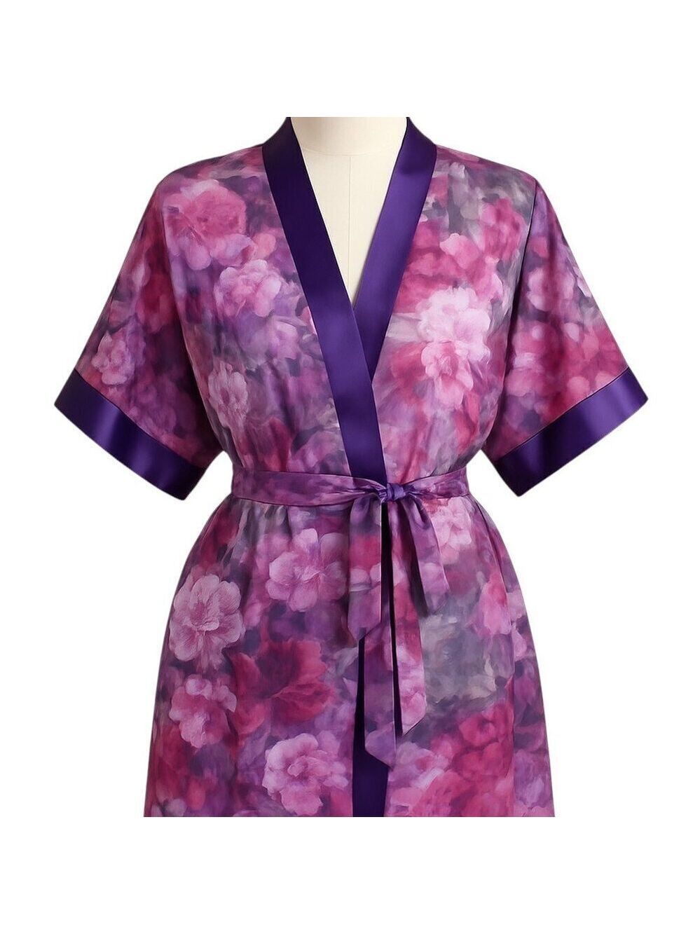VINTAGE Sheer Floral Purple Multi-Color Double Tie Waist Robe Size Medium